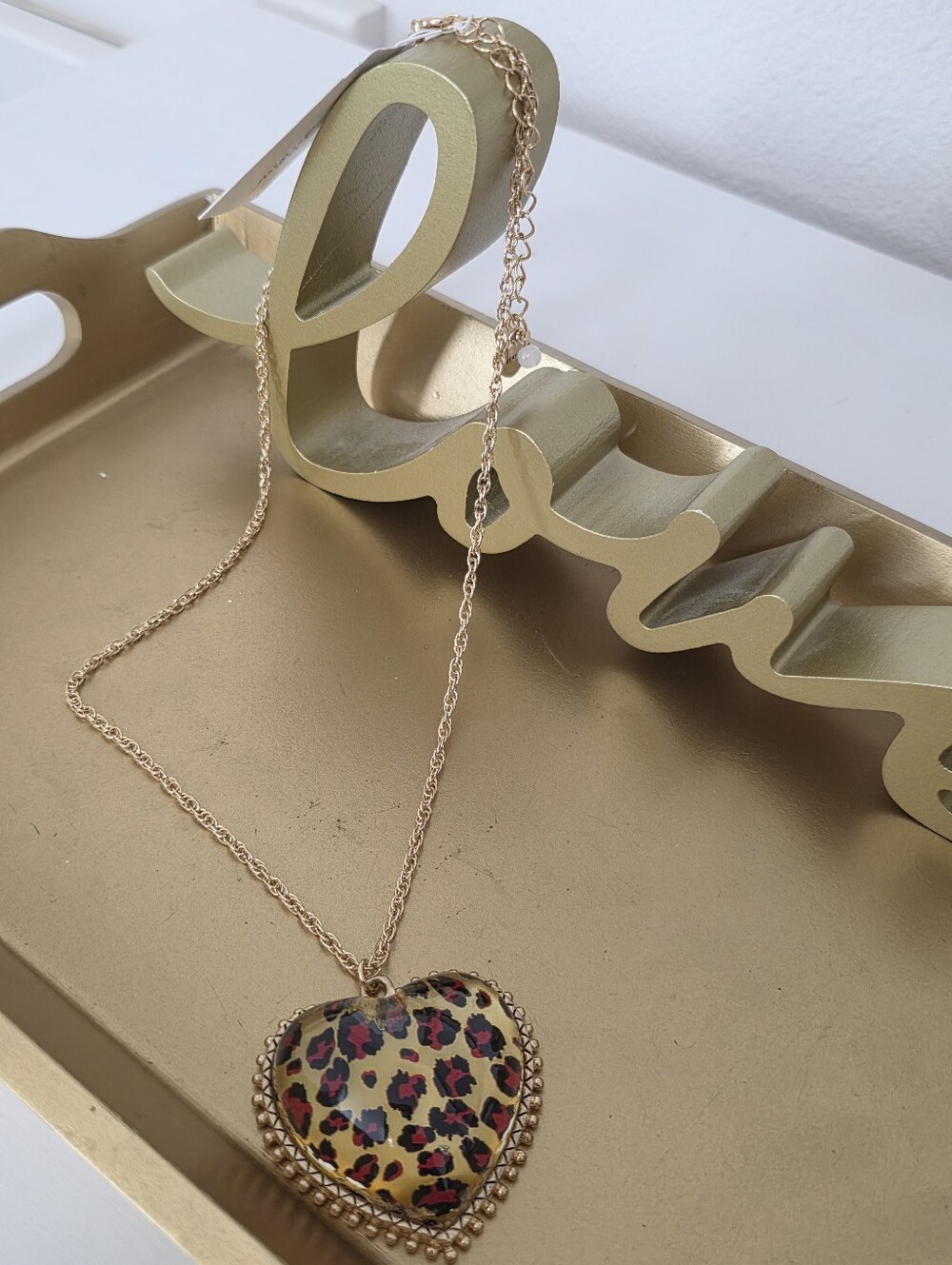 Betsey Johnson Gold-Tone Heart Pendant Necklace with Leopard Print